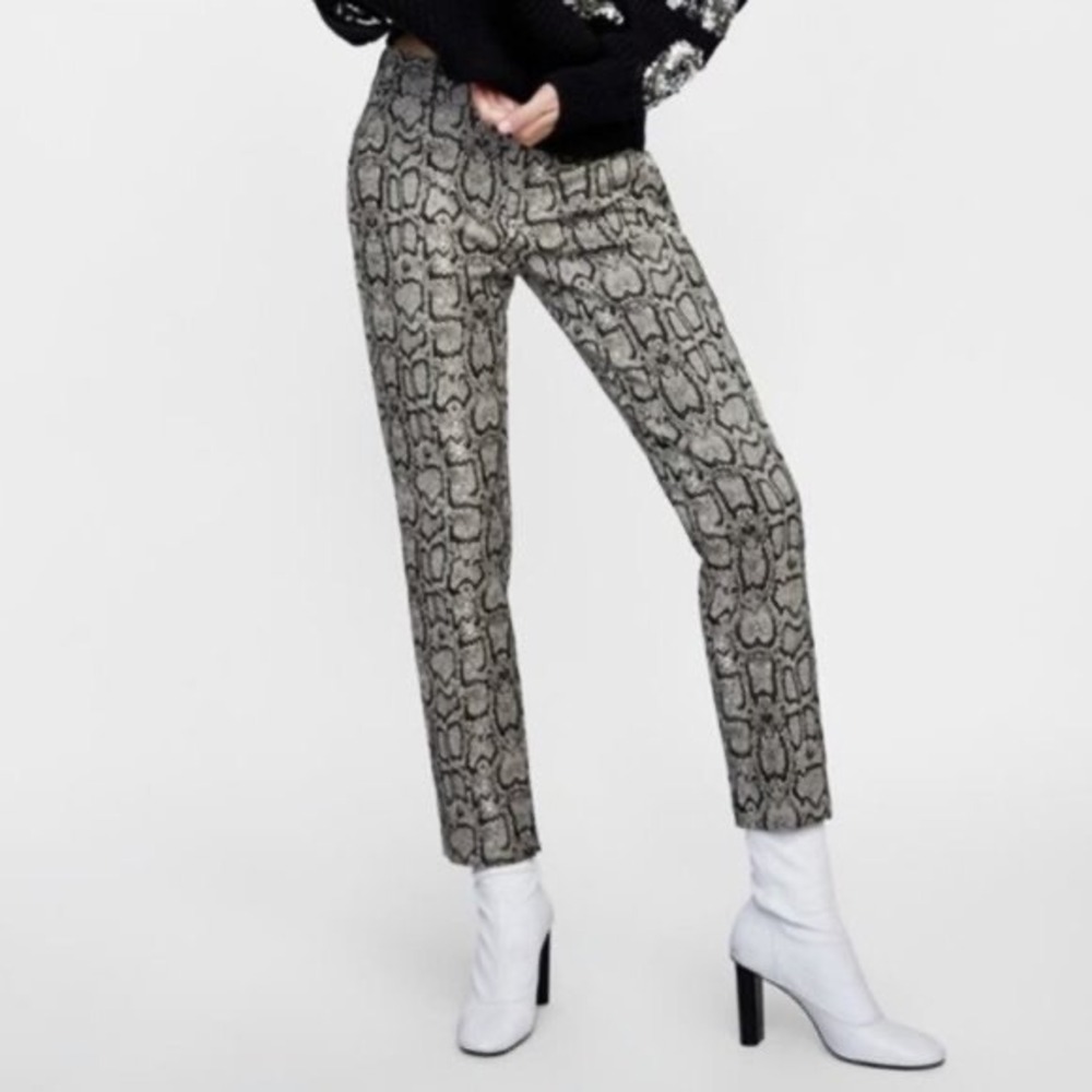 Zara Snake Print Cropped Ankle Pants - Grey Black